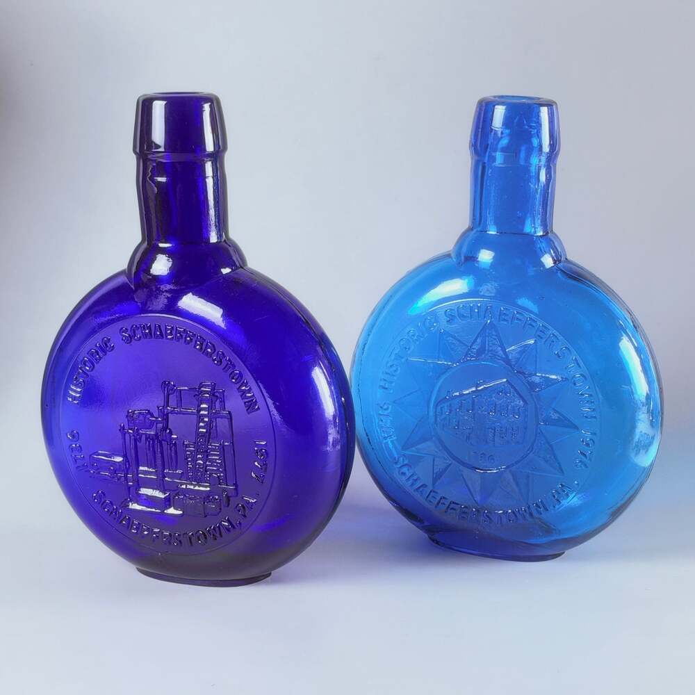 Vintage Clevenger Brothers Cobalt Blue Glass Flask Bottles Schaefferstown PA Set